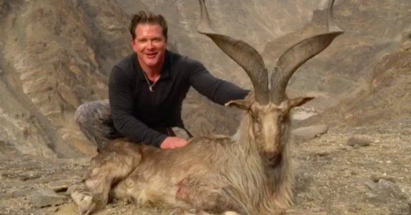Hunter posing next to a dead markhor goat in Pakistan