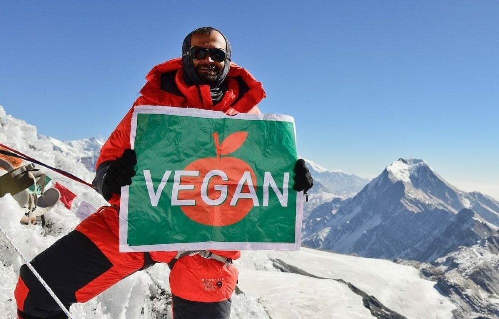 Kuntal Joisher vegan climber on Mt. Everest holding "vegan" sign