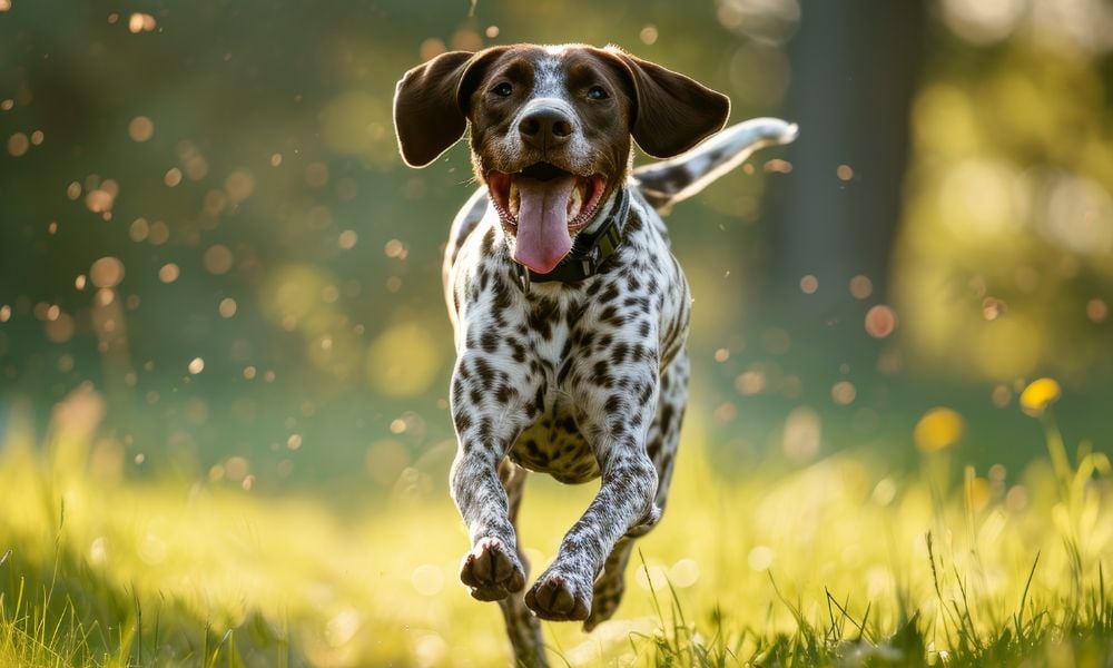 happy pointer dog running in field