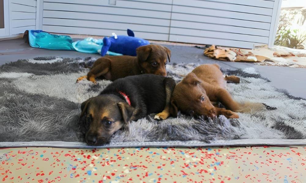 three puppies laying on rug