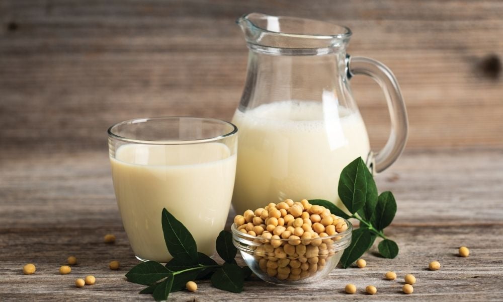 Containers of soy milk and soybeans 