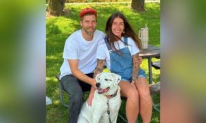 Monchu with his guardians Sam and Kristen at his rescue party