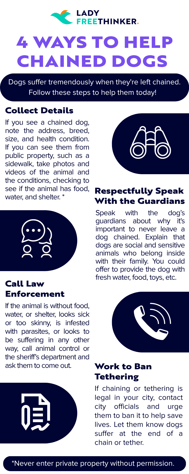 4 Ways to Help Chained Dogs Updated 4 ways to help chained dogs 1 collect details 2 respectfully speak with the owners 3 call law enforcement 4 work to ban chaining