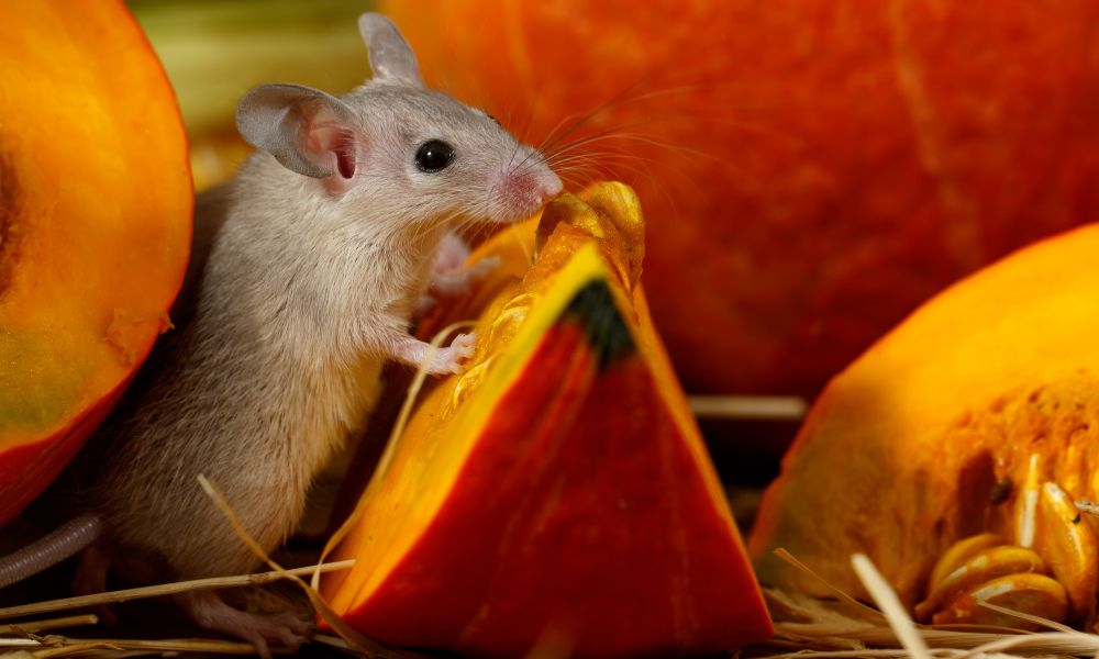 Cute mouse eating pumpkin